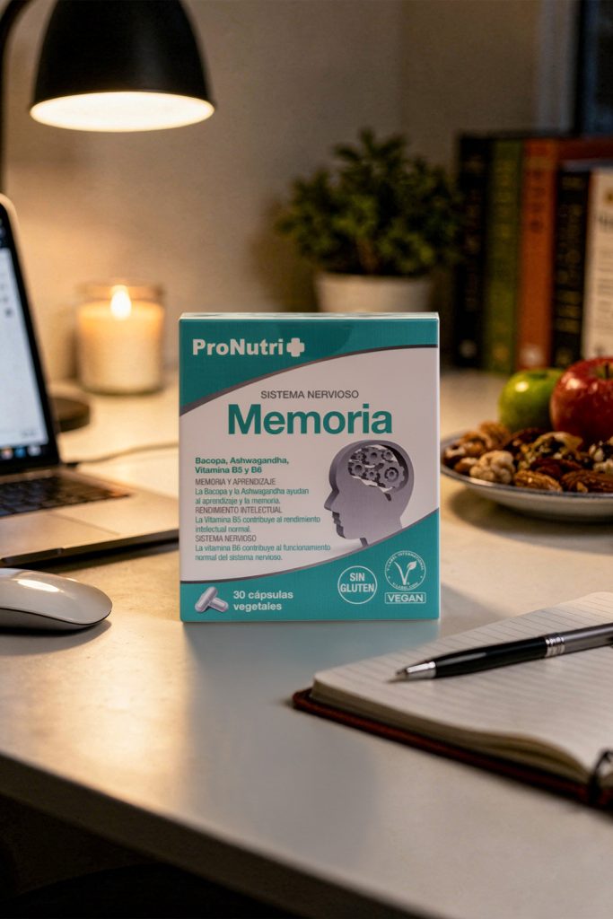 Fotografía de producto de complemento alimenticio ProNutri Memoria sobre escritorio, realizada por fotógrafo de complementos alimenticios en Sevilla