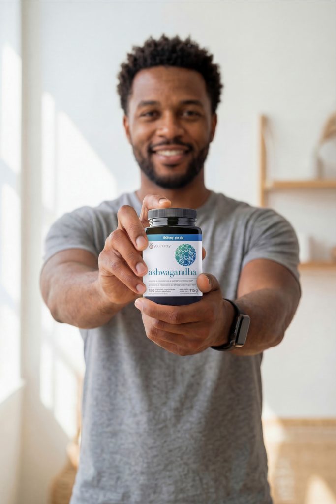 Fotografía lifestyle de complemento alimenticio Youtheory Ashwagandha sostenido por modelo, realizada por fotógrafo de complementos alimenticios en Sevilla