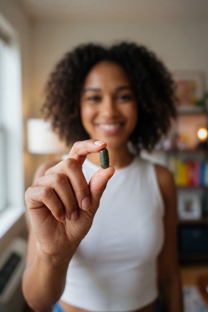 Fotografía lifestyle de mujer sosteniendo cápsula de complemento alimenticio, realizada por fotógrafo de complementos alimenticios en Sevilla
