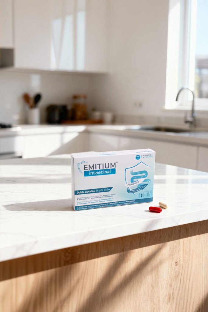 Fotografía lifestyle de complemento alimenticio Emitium Intestinal probióticos sobre encimera de mármol en cocina, realizada por fotógrafo de complementos alimenticios en Sevilla