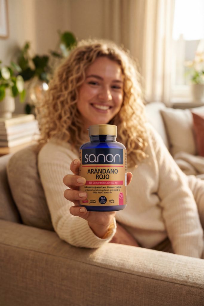Fotografía lifestyle de mujer sosteniendo complemento alimenticio Sanon Arándano Rojo, realizada por fotógrafo de complementos alimenticios en Sevilla