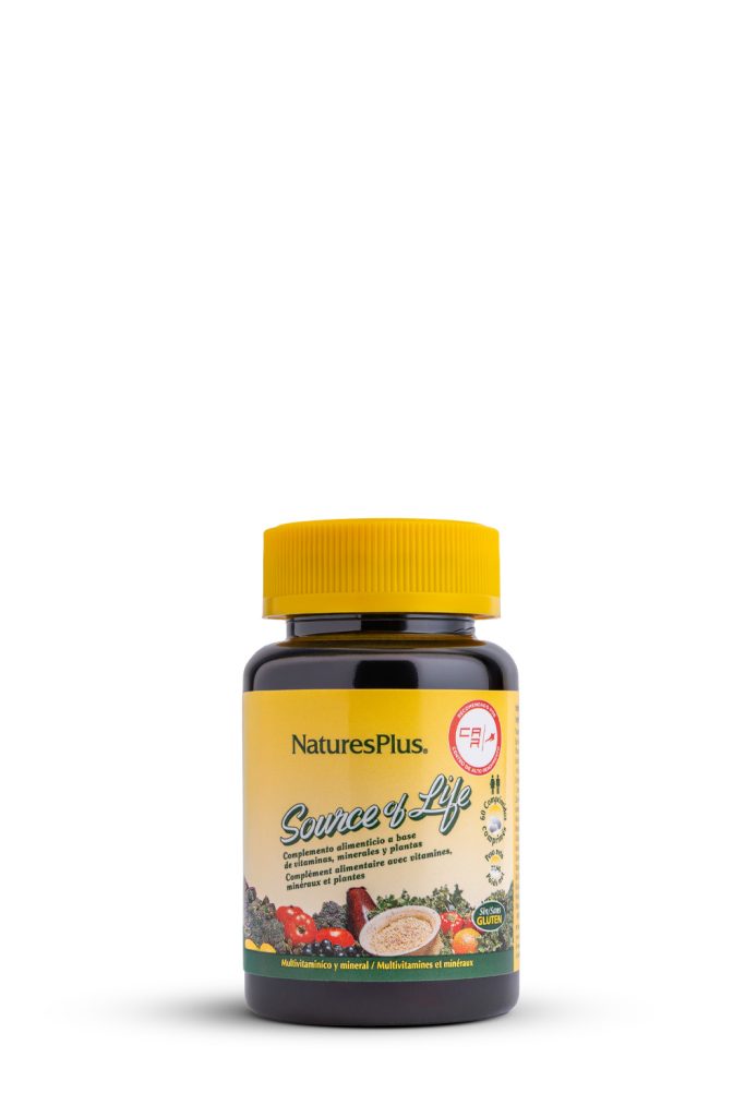 Fotografía de producto farmacéutico NaturesPlus Source of Life multivitamínico sobre fondo blanco, realizada por fotógrafo de producto farmacéutico en Sevilla
