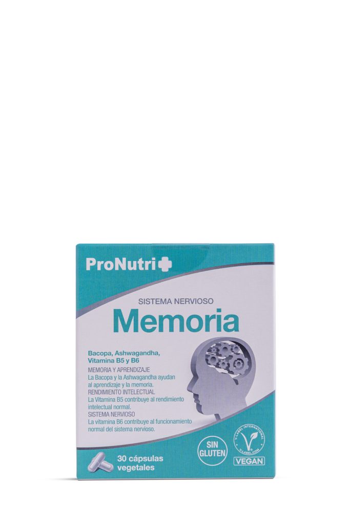 Fotografía de producto farmacéutico ProNutri Memoria cápsulas sistema nervioso sobre fondo blanco, realizada por fotógrafo de producto farmacéutico en Sevilla