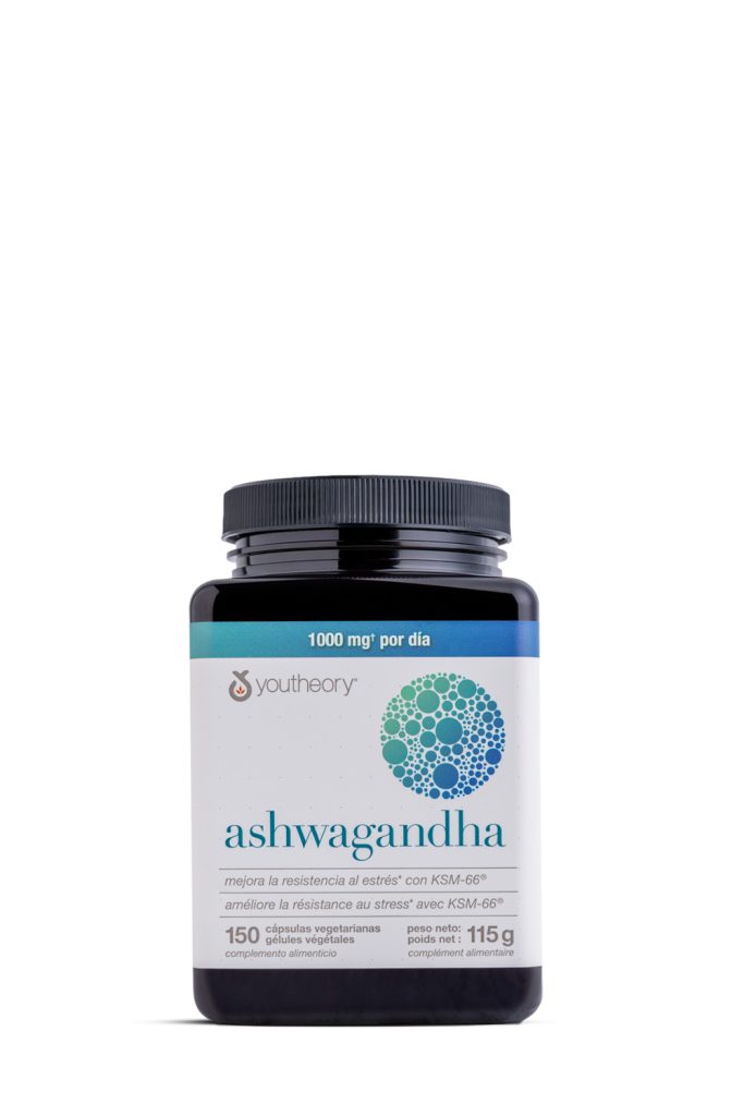 Fotografía de producto farmacéutico Youtheory Ashwagandha 1000mg sobre fondo blanco, realizada por fotógrafo de producto farmacéutico en Sevilla