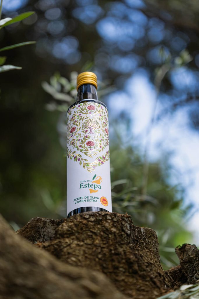 Fotografía de botella de aceite de oliva virgen extra Estepa sobre tronco de olivo en entorno natural